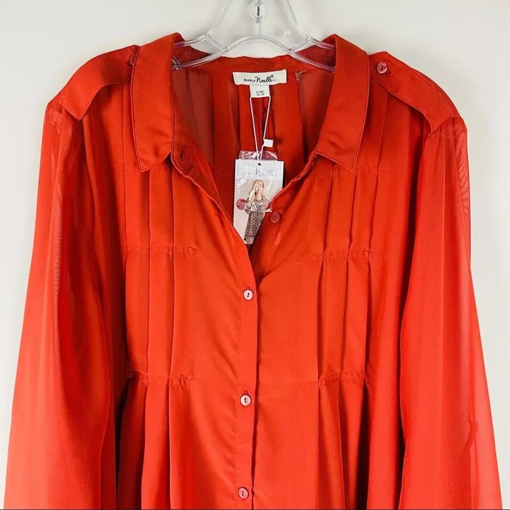 NEW Simply Noelle orange semi sheer chiffon button front pleat office top large - Picture 2 of 10
